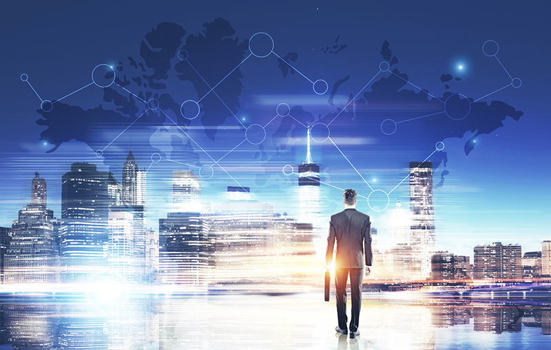 Businessman in blue city with world map