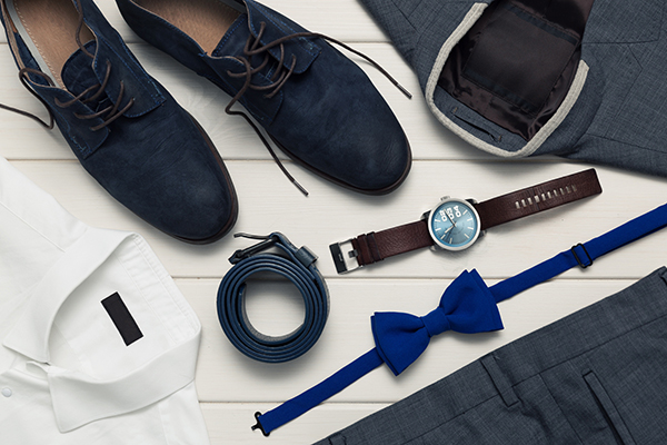 collection of men's fashion clothes and accessories. top view