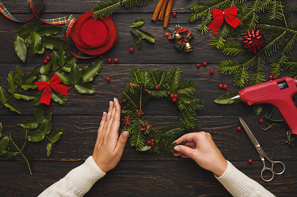 Prepare for xmas, creative craft wreath. Making christmas symbol