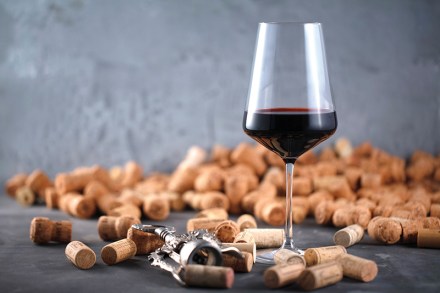 Wein und Champagner Korken auf dunkelem Hintergrund (Wein Konzep