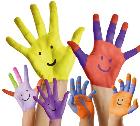 viele lachende Hände vor weißen Hintergrund