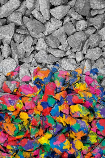 stones colored in different color ink on one half, the second half - monochrome gray stones