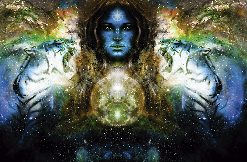 Goddess Woman and tiger in Cosmic space.